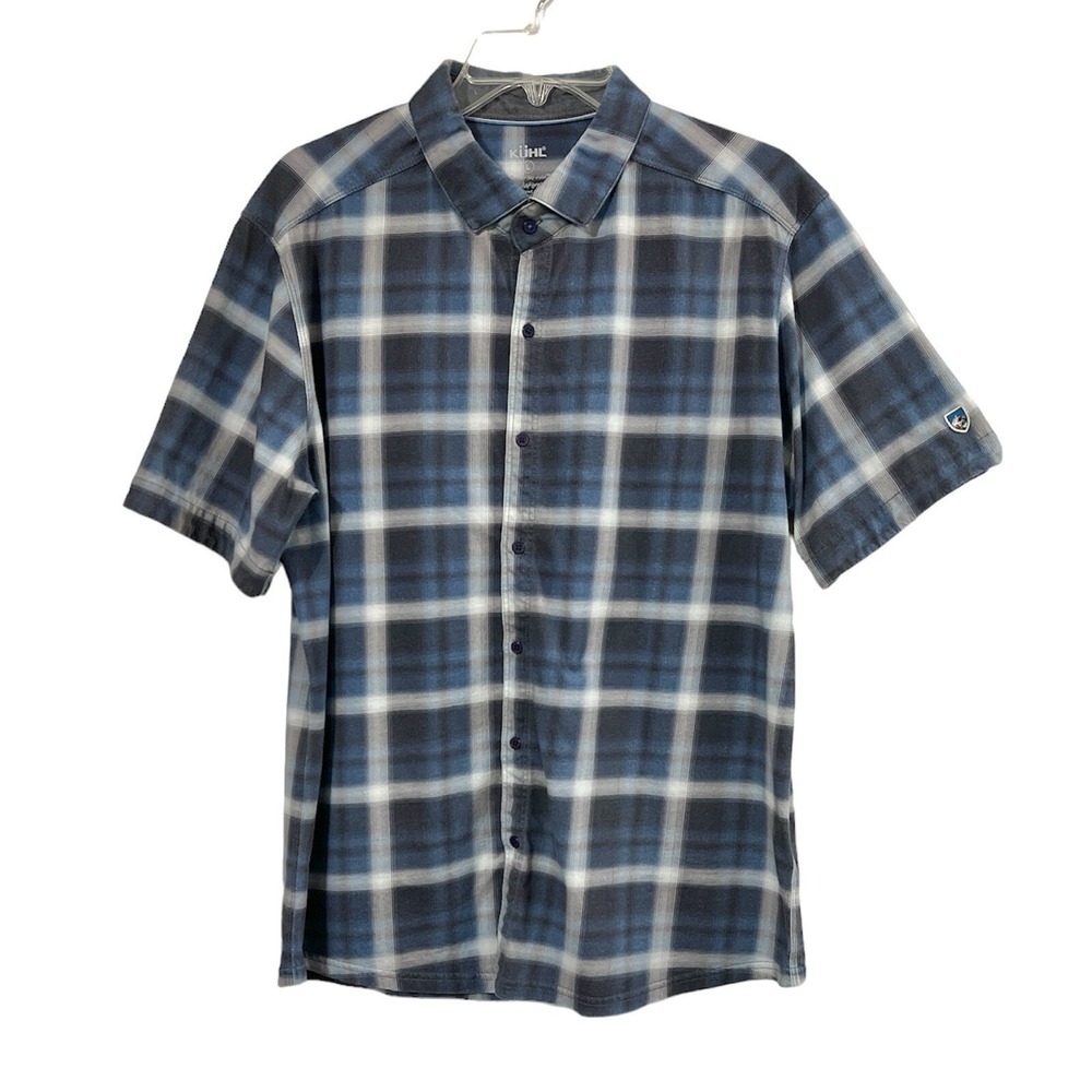 Kuhl Wildfibre Shirt Mens Large Blue Plaid Organic Cotton Short Sleeve Button Up